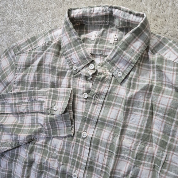 Taylor Stitch Linen Jack Shirt Mens 40 M Green Plaid Button Down Beachy Preppy